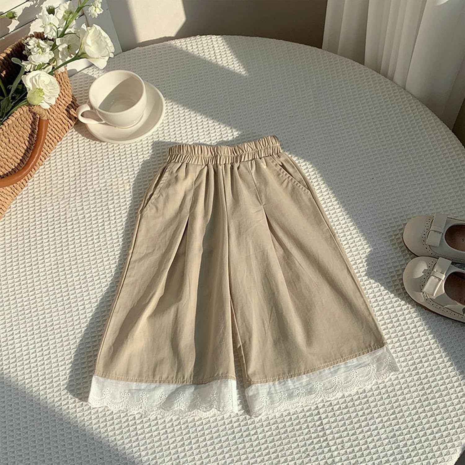 Cute Lace Trim Wide Leg Summer Pants Elastic Waist 1-10 Years