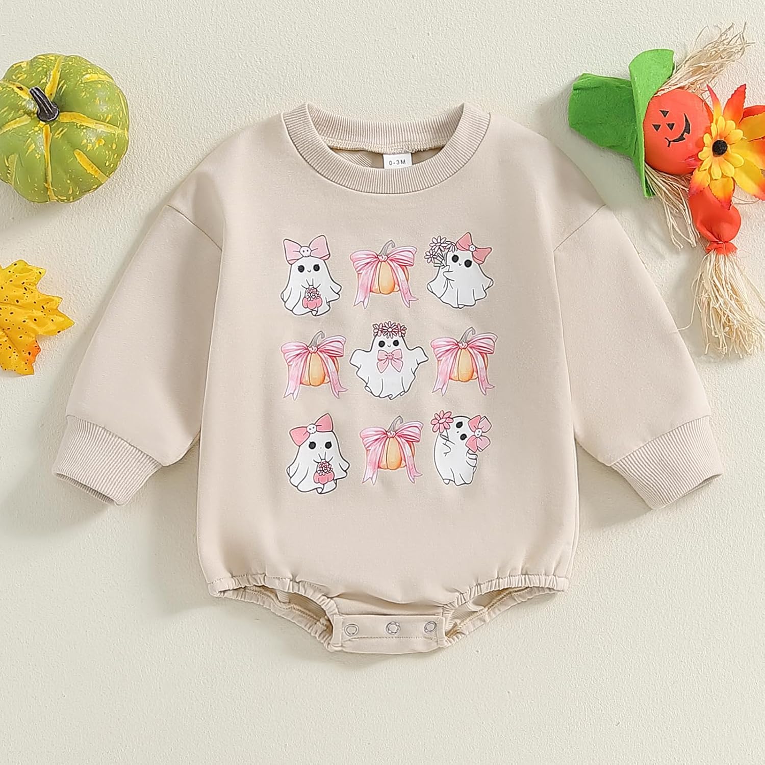 BULINGNA Newborn Baby Girl Halloween Outfit Ghost Bow Long Sleeve Sweatshirt Romper