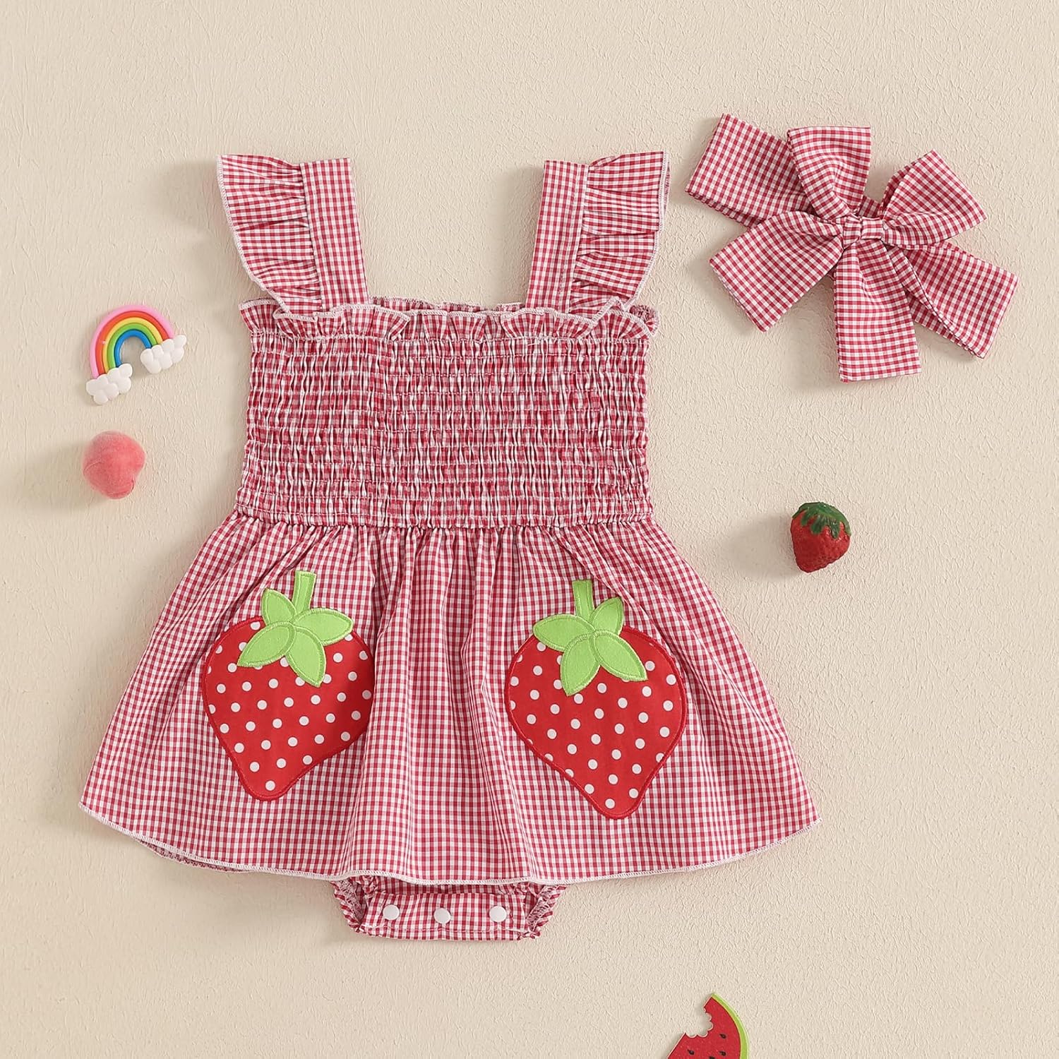 Fiomva Baby Girl Summer Romper Dress Strawberry Red 6-12 Months